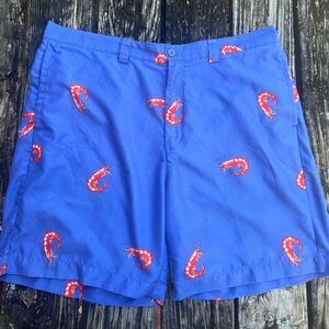 LIQUID FLOW Classic Fit Shrimp Print Blue Flat Front Golf Shorts Men's 40W  C9